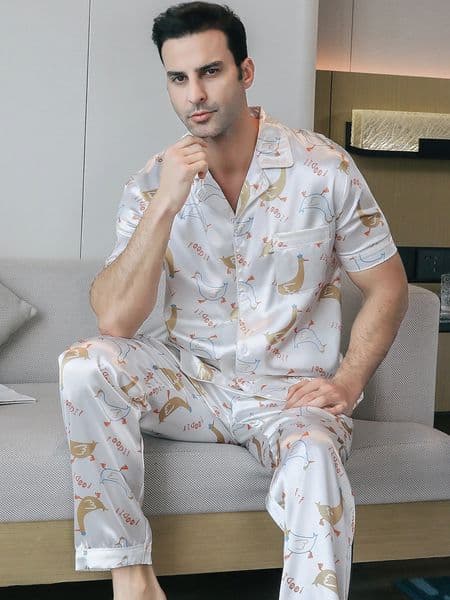 Two piece sets mens sleepwear summer short sleeved pants duck pattern printed home clothes set 250320