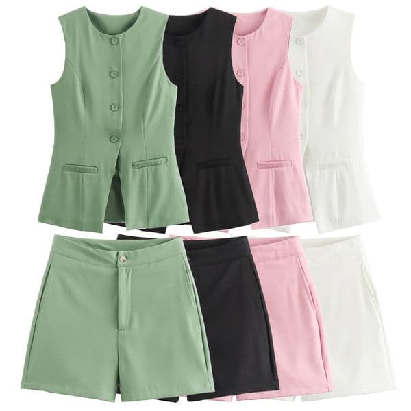 UNIZERA 2024 Summer Product Womens Fashion Versatile Single breasted Vneck Sleeveless Vest High waisted Shorts Set 250311BANJIA