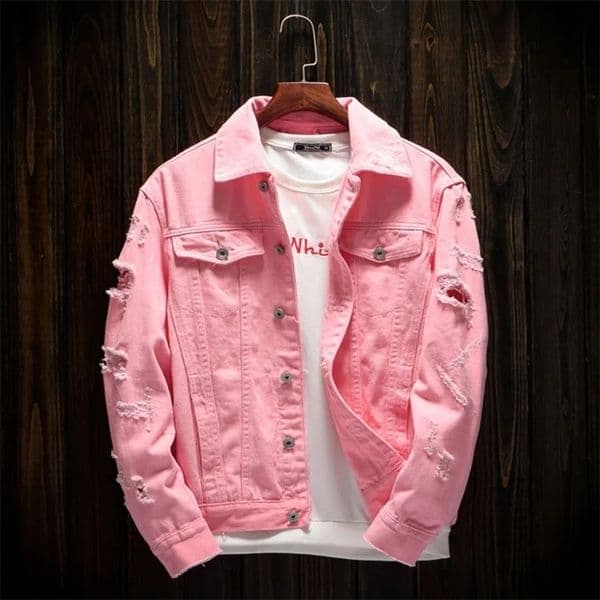 Men Pink Denim jackets Outerwear Jean Coats Spring Autumn Men Holes Jena Jackets Men Slim Denim Jackets Size 4XL 250319