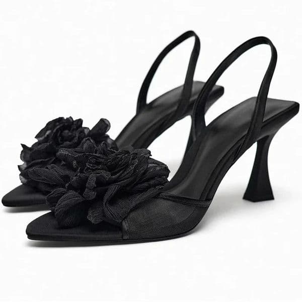 Mesh Flower High Heels Women Open Toe Elegant Sandals Female Black Slingback Shoes Sandalias De Mujer 250322