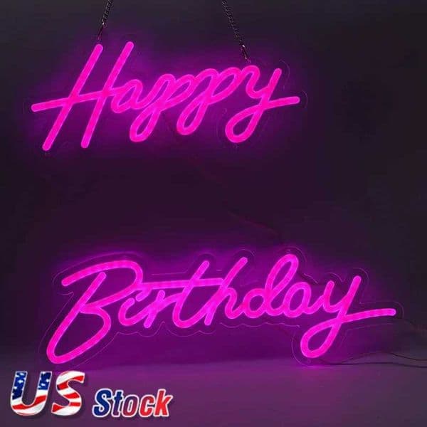 Happy Birthday US Stocks Pink Neon Birthday Party Decoration Logo 18X7.05 inches+13.3X6.2 inches Neon LED Logo X250322