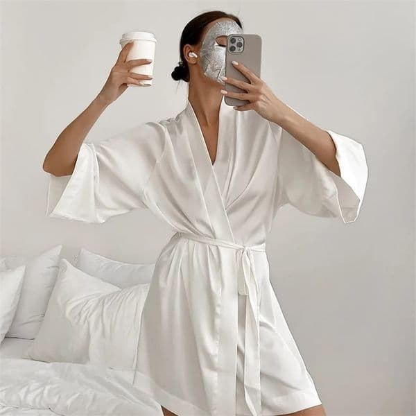Womens Wedding White Bridal Dress Morning 3/4 Sleeve Nightwear Loose Evening Silk Satin Kimono Bathroom Underwear 250321