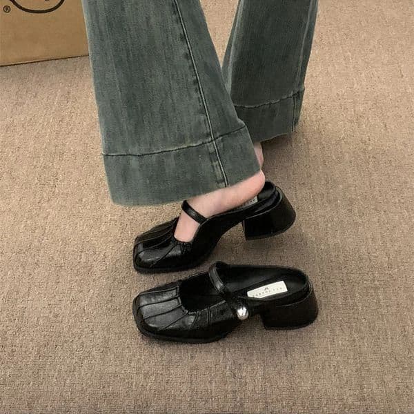 2025 Spring Summer Silvery Cover Toe Women Muels Slippers Fashion Shoes Street Style Dress Thick Heel Slides 250319