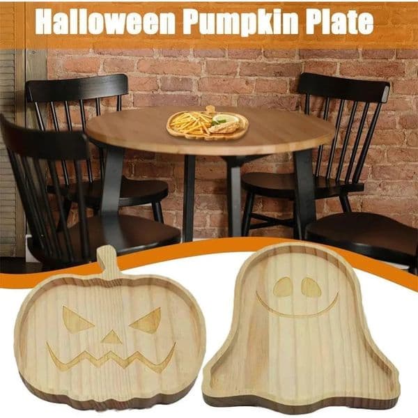 Halloween Pumpkin Shaped Tray Wooden Ghost Tray Food Fruit Snack Storage Plate Home Ornament Party Table Desktop Decoration Gift 250320