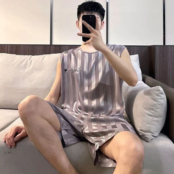 2026 Plus Size Mens Ice Silk Home Clothing Tops And Pants Youth Two-Piece Set Fashionable Striped Casual Pajamas Free Shipping