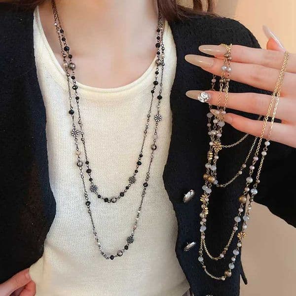 New flower glass bead double-layer stacked chain necklace suitable for womens temperature retro sweaters high-end fashion jewelryXJ250322