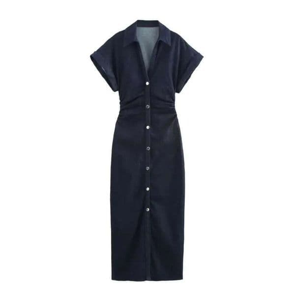 Woman Denim Long Casual Spring Short Sleve Button Women's Midi Slim Waist Pleated Dresses Female Chic Dress