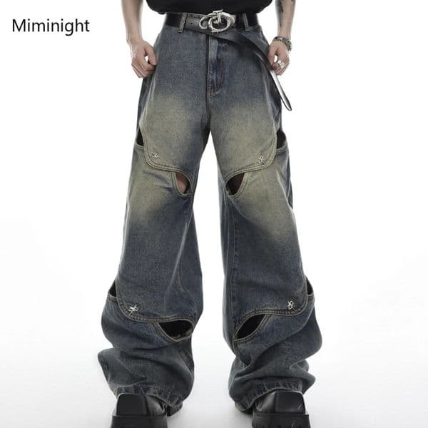 Vintage Y2k wide leg jeans mens streetwear luggage Distressed denim mens oversized hollow casual Korean hip-hop 250317
