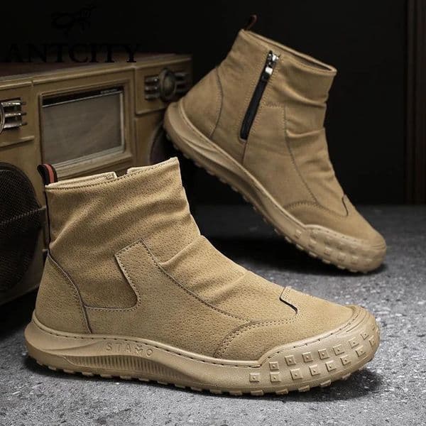 Mens high cut workwear shoes autumn flat zipper pleated anti slip comfortable thick sole wear-resistant fashionable boots 250318BJ