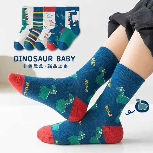 5Pairs 1-14Years Girl Mid-tube Socks Autumn Winter New Style Childrens Socks Mid-high Long Dinosaur Cartoon Design Boys Girls X250322