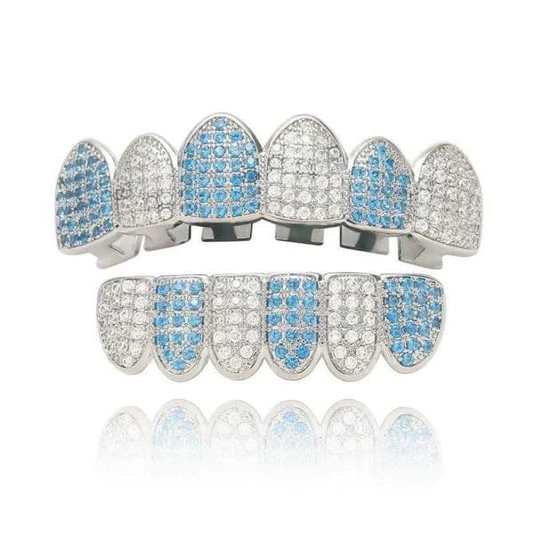 HipHop CZ Tooth Set for Neutral Blue Zircon Top Bottom Oral Gold Silver Colored Teeth C Removable Dental Fashion JewelryXJ250322