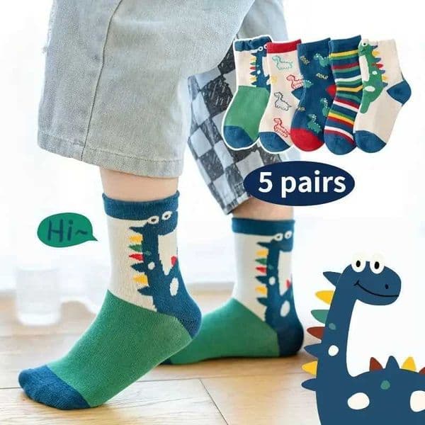 5 pairs of casual dinosaur pattern printed knitted socks for boys breathable and comfortable crew socks suitable for childrens accessories in summer and spring