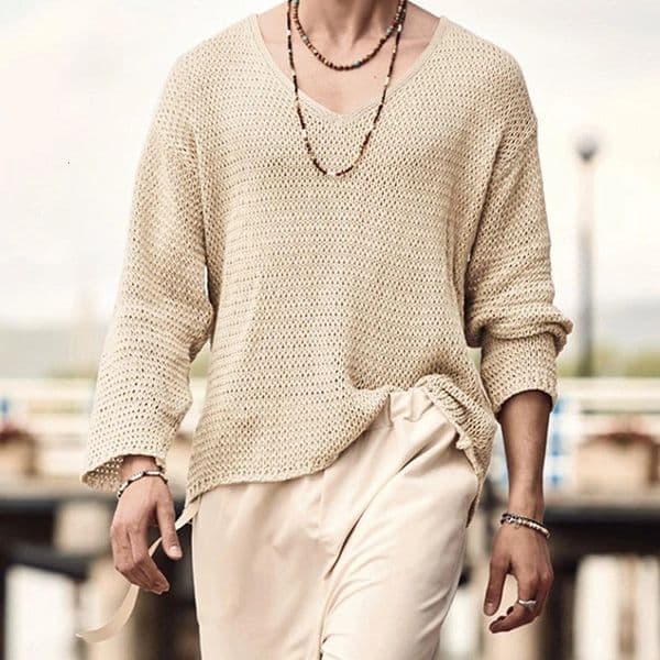 Autumn Mens Clothing Knit T Shirt Solid Color V Neck Long Sleeve Leisure Streetwear Hollow Out Loose Tees S-3XL250312BJ