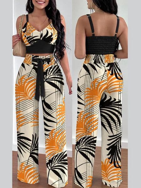 Women Fashion Print Halter V-Neck Short Tank Suit Tops Long Pants Matching Set Summer Casual Female Slim Pants Two Piece Sets 250319