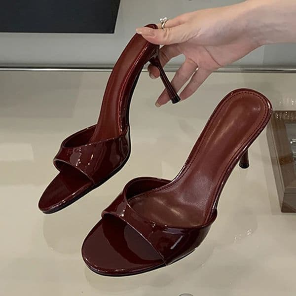 Liyke Wine Red Patent Leather Women Slippers Sandals Fashion Round Open Toe Thin High Heels Mules Slides Summer Party Dress Shoe 250322