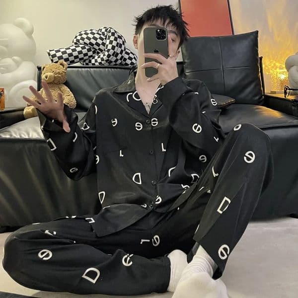 2026 Mens Spring And Autumn Long Sleeved Pants Sleepwear Ice Silk Cool Open Collar Woolen Sweater Handsome High End Homestay Set Free Shipping