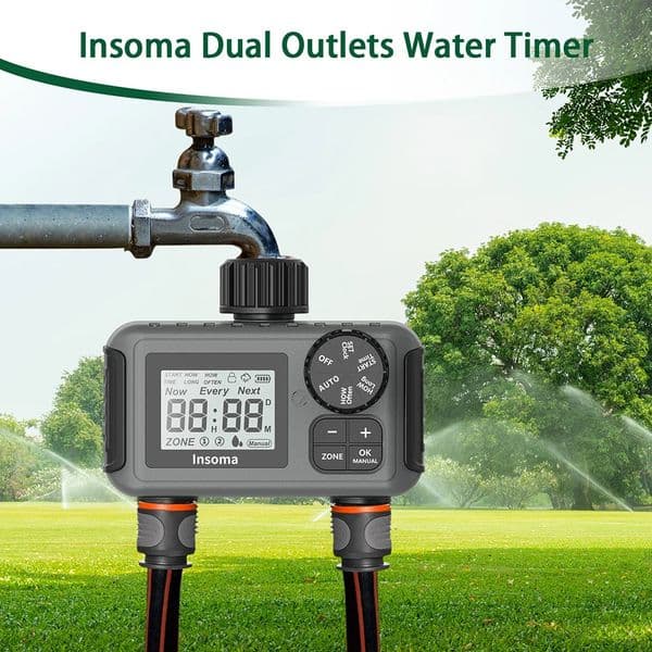 Insoma Smart Irrigation Watering System Dual Outlets Automatic Water Timer Sprinkle Faucet Hose Programmer for Garden Outdoor 250314