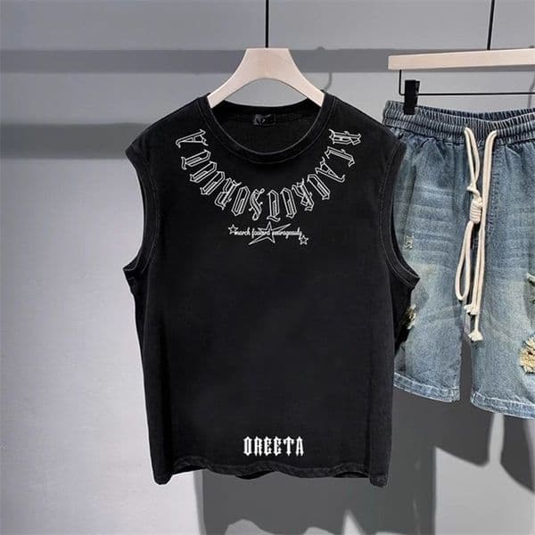 Mens Vest Cotton Trendy Letters Print Chic Tank Tops American High Street Fashionable Sports Casual Sleeveless Tops Summer 250303
