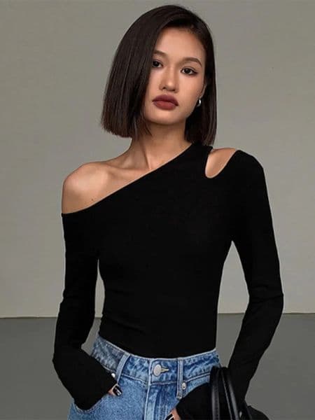Fashion Skew Collar Offshoulder Longsleeved Tshirt Spring Solid Slim Fit Crop Top Sexy Hollow Out Tees Shirts 250311BANJIA