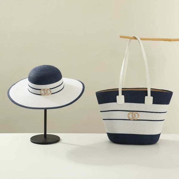 Trendy Straw Hat & Woven Bag Combo: Summer Vacation Essentials with Branded Logo, Pearl Accent & UV Protection Wide Brim Sun Hat
