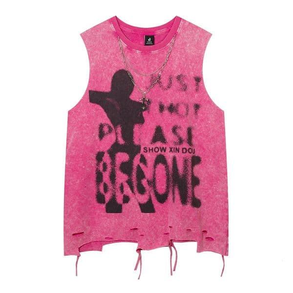 High Street American Vintage Washed Hole Ripped Tank Top with Large Letter Printing Distressed Tank Top for Mens Casual Clothing Y2k 250318
