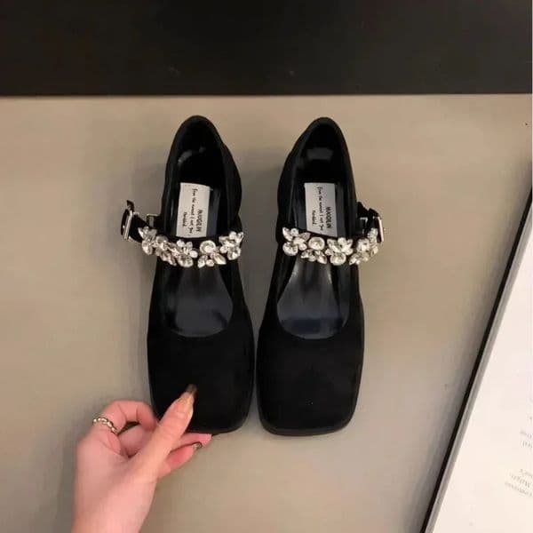 Womens Fashion High Heel Single Shoes Autumn Square Head Shallow Mouth Rhinestone Thick with Temperament Mary Jane Shoes 250322