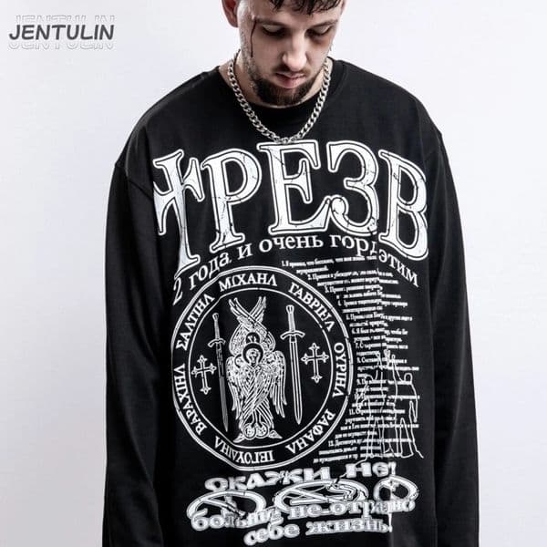 Oversized Mens Clothing Streetwear Sober Print Autumn Hip Hop Korean Long Sleeve Y2k Tops Tee Cotton Graphic Unisex Tshirt Goth 250317