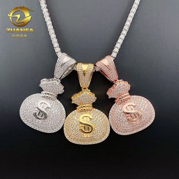 New s925 3 Silver Beauty Money Bag Male Female Hip Hop Rectangular Mozambique Pendant Necklace