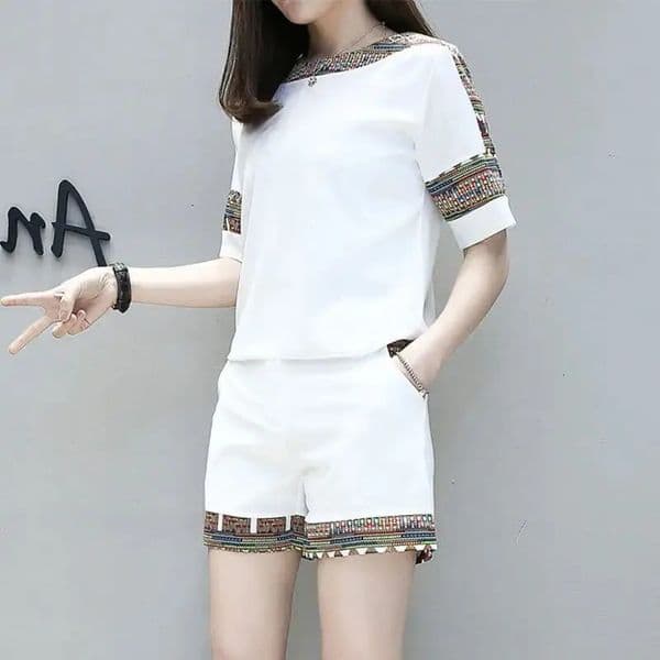 Womens casual cotton set 2024 summer fashion high waist short sleeved crop top wide leg shorts 2piece for women 250322