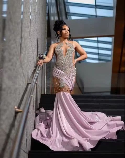 Lavender Sparkly Long Evening Formal Dresses for Black Girl Luxury Diamond Gillter Sheer Prom Birthday Gala Customised