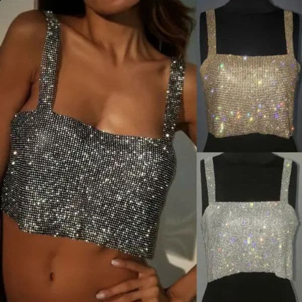 Fashion Womens Sexy Sequined Sleeveless Slash-neck Summer Tank Top Lady Club Crystal Rhinestone Chainmail Crop Tops 250324
