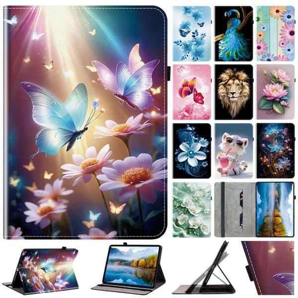 Flower Butterfly PU Leather Cases For Samsung Galaxy Tab S10 FE 11inch S10+ S9+ S9 Plus 12.4 Sunflower Lion Wallet Holder Flip Cover Shockproof Tablet Pouch