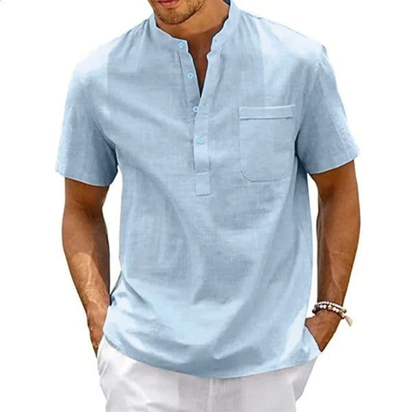 Cotton Linen Shirt Men Henley Neck Pocket Casual Beach Short Sleeve Solid Color Male Tops T-shirts Vintage Streetwear 260519