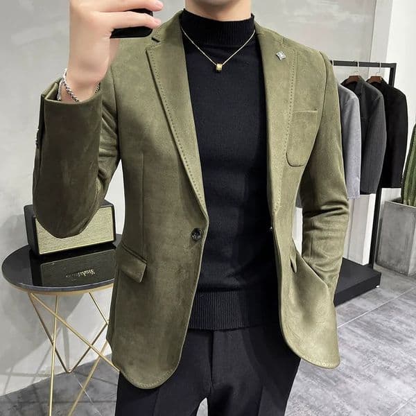 Mens Deerskin Fleece Jacket Suit Coat Blazer Mens Business Leisure Slim Fit Fashion High Quality Single Button Suit Coat 250324