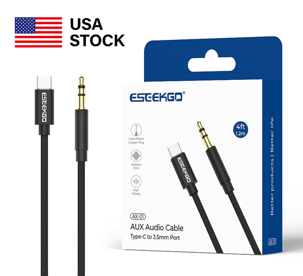 USA STOCK ESEEKGO AX-01 Nylon Braided 4FT 3.5mm To Type C Audio AUX Cable With Retail Package ship in 2 days (12/240)