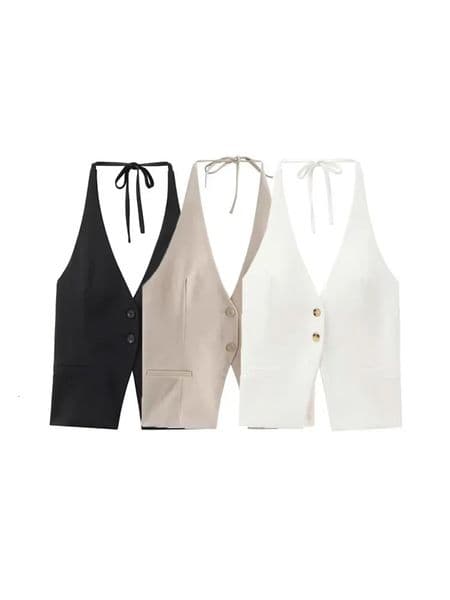 TRZA-Front Button Tank Tops for Women Tied Halter Neck Backless Female Camis Sexy Fashion250324BJ