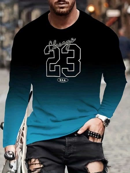 Mens gradient graphic long sleeved T-shirt casual and sports printed crew collar top suitable for spring and summer W250324