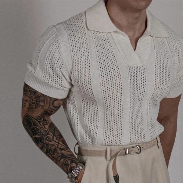 Vintage Slim Knitted Mens Polo Shirt Casual Short Sleeve Hollow Out Mesh Knit T Shirts Spring Summer Trendy Polo Collar Men Tops 250325