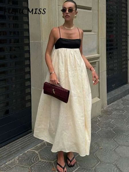 Elegant Contrast Loose Sling Long Dresses Women Square Collar Sleeveless Backless High Waist Dress Summer Sexy Lady Robe 250325