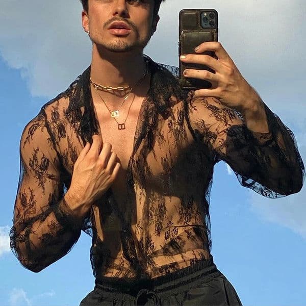 Mens Mesh See Through Mesh Sexy Lace Shirt Long Sleeve Fishnet Hollow Out Vintage Streetwear Slim Fashion Party Clothing S-XL 250325