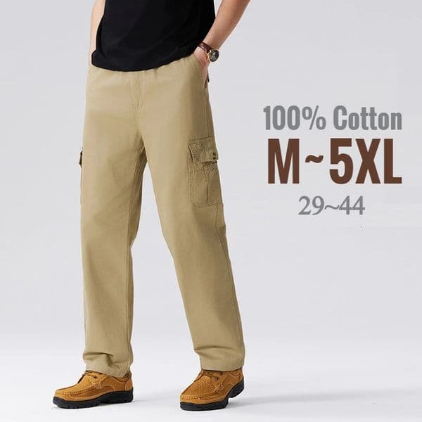 100 pure cotton mens cargo pants loose work clothes clothing spring summer waist large size elastic pocket 250322