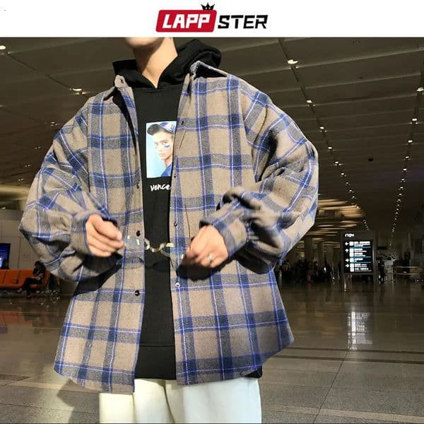 LAPPSTER Y2k Harajuku Plaid Shirt Man Streetwear Fleece Shirts Long Sleeve Mens Vintage Korean Fashions Clothes 250325