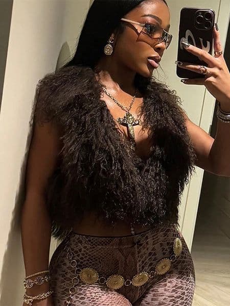 Fluffy Faux Fur Halter Cropped Top For Women 2025 Sexy Backless Sleeveless Tank Vest Female Chic Street Club Party Chic Tops 250325