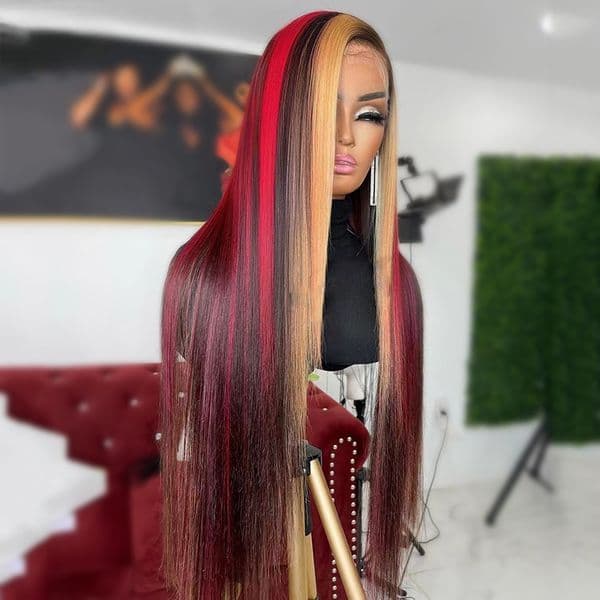 Highlight Red Blonde Colored 13X4 13X6 Lace Frontal Wig Pre Plucked Ready Go Human Hair Wigs for Women 200% Straight Lace Front Wig