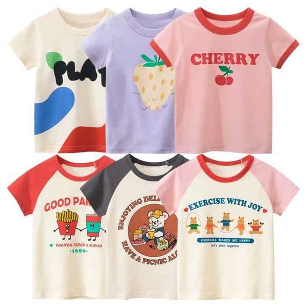 Summer 2025 Short sleeved T-shirt for Girls Cartoon Strawberry Cherry Casual T-shirt for Girls Top Cotton Childrens Clothing 10Y X250327