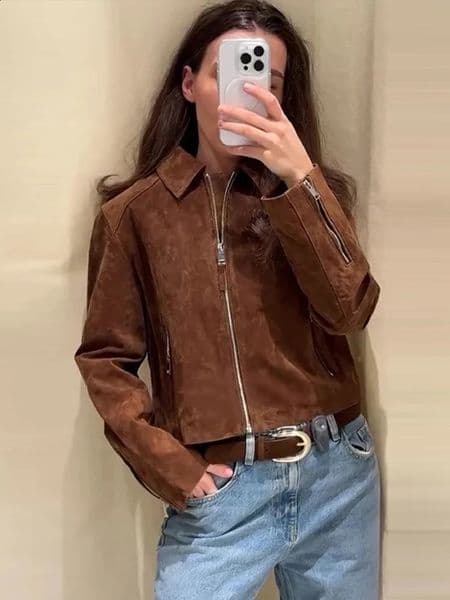 Retro suede jacket womens casual loose collar long sleeved zipper jacket womens spring solid street clothing women 250321