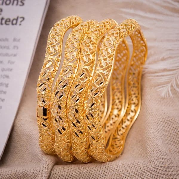 Annayoyo 4pcs Gold Ripple High Quality Bracelet and Bracelet Womens Mother Metal Cuff Bracelet Jewelry Bridal Birthday Gift 250326