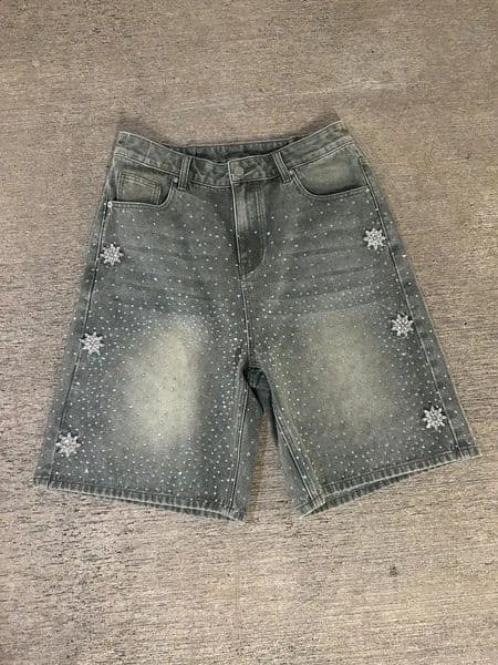 Summer Y2K retro washed blue Astro Jorts American Rhinestone fashion hip-hop denim shorts mens backpacks gym shorts streetwear 250327