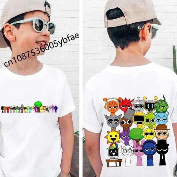 Cartoon Sprunki character printed childrens T-shirt made of pure cotton short sleeved white top of the line cartoon childrens clothing X250327
