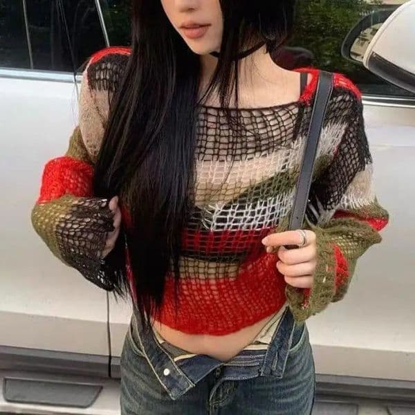 Yedinas Striped Knit Tops Vintage Grunge Hollow Out Jumpers Japanese 2000s Hole Thin Pullover Sweater Women Korean Knitwear Y2k 250324